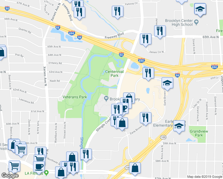 map of restaurants, bars, coffee shops, grocery stores, and more near 6221 Shingle Creek Parkway in Brooklyn Center