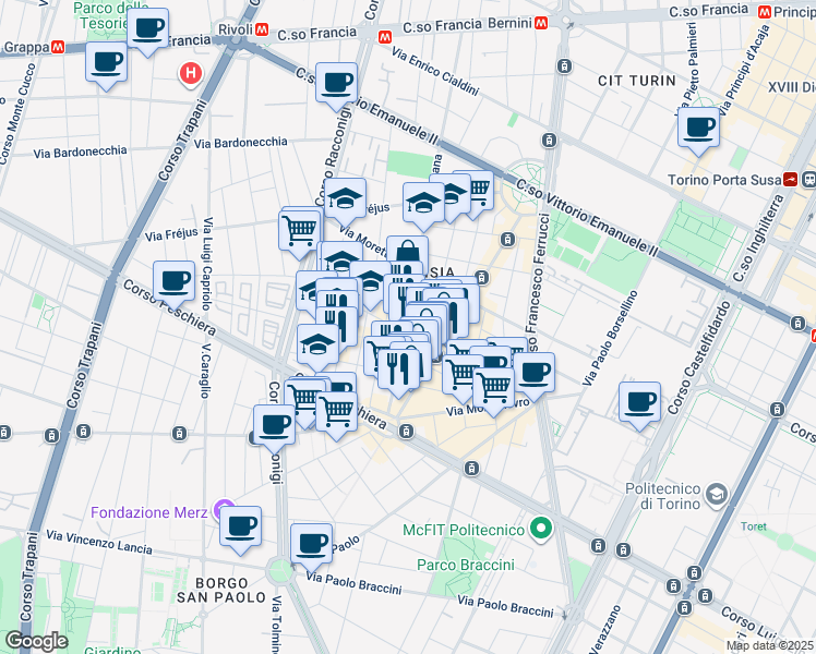 map of restaurants, bars, coffee shops, grocery stores, and more near 51 Via Cesana in Torino