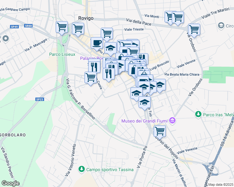 map of restaurants, bars, coffee shops, grocery stores, and more near 1 Via Giovanni Pascoli in Rovigo