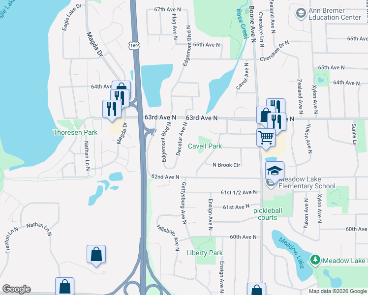 map of restaurants, bars, coffee shops, grocery stores, and more near 6236 Decatur Ave N in Minneapolis