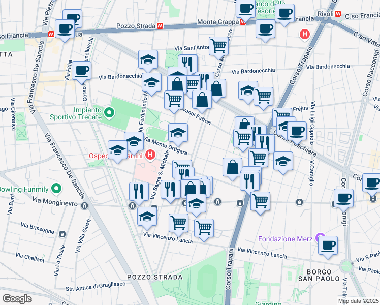 map of restaurants, bars, coffee shops, grocery stores, and more near 82 Corso Monte Cucco in Torino