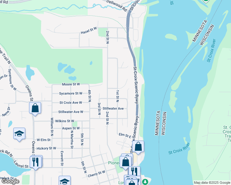 map of restaurants, bars, coffee shops, grocery stores, and more near 1314 1st Street North in Stillwater