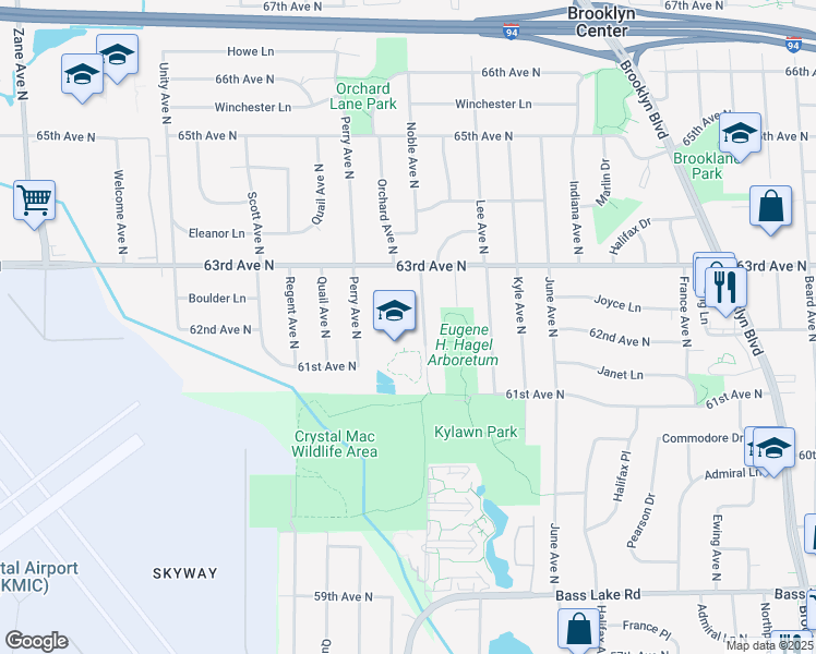 map of restaurants, bars, coffee shops, grocery stores, and more near 6201 Noble Avenue North in Brooklyn Center