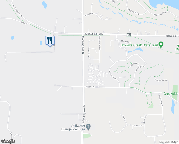 map of restaurants, bars, coffee shops, grocery stores, and more near 3694 Abercrombie Lane in Stillwater