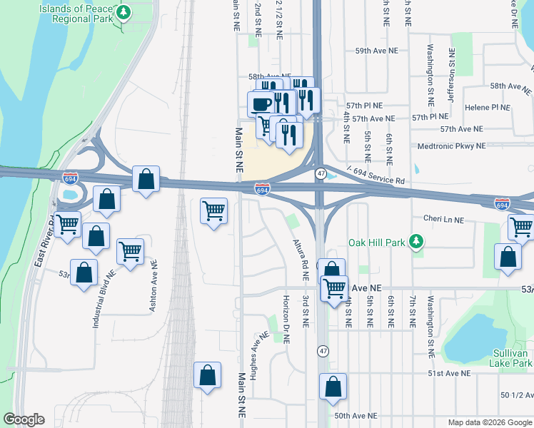 map of restaurants, bars, coffee shops, grocery stores, and more near 5470 Horizon Drive Northeast in Fridley