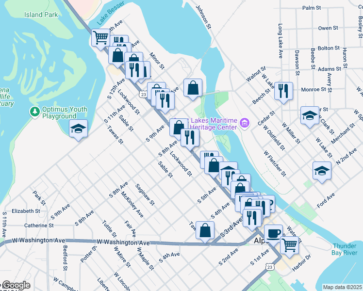 map of restaurants, bars, coffee shops, grocery stores, and more near 628 West Chisholm Street in Alpena