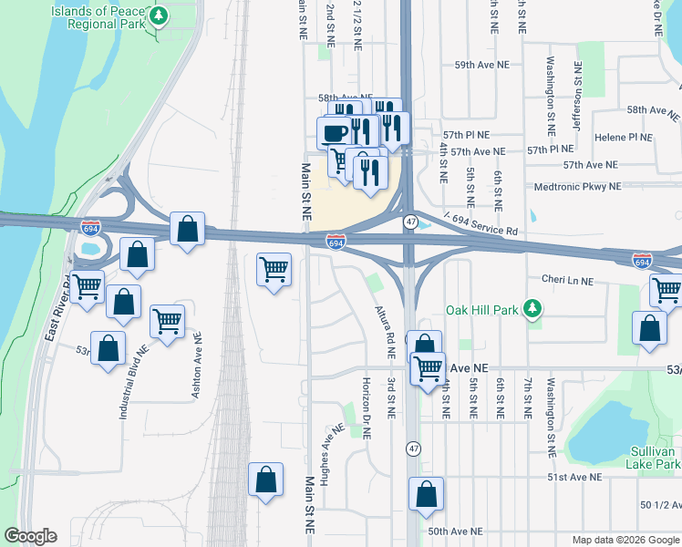 map of restaurants, bars, coffee shops, grocery stores, and more near 5470 Horizon Drive Northeast in Fridley