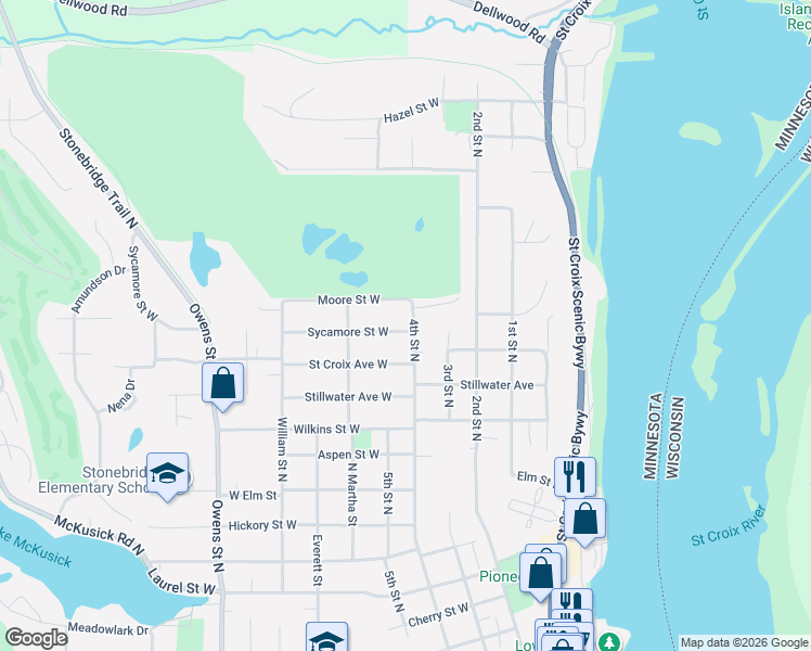 map of restaurants, bars, coffee shops, grocery stores, and more near 1322 4th Street North in Stillwater