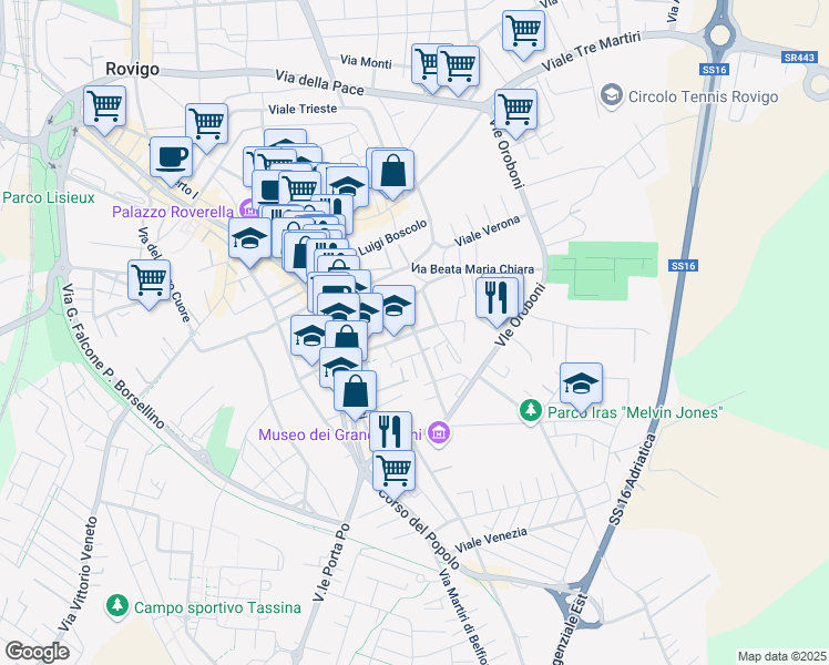 map of restaurants, bars, coffee shops, grocery stores, and more near 18 Via Cesare Parenzo in Rovigo