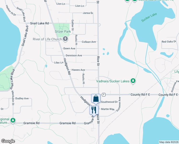 map of restaurants, bars, coffee shops, grocery stores, and more near 176 Hawes Avenue in Shoreview