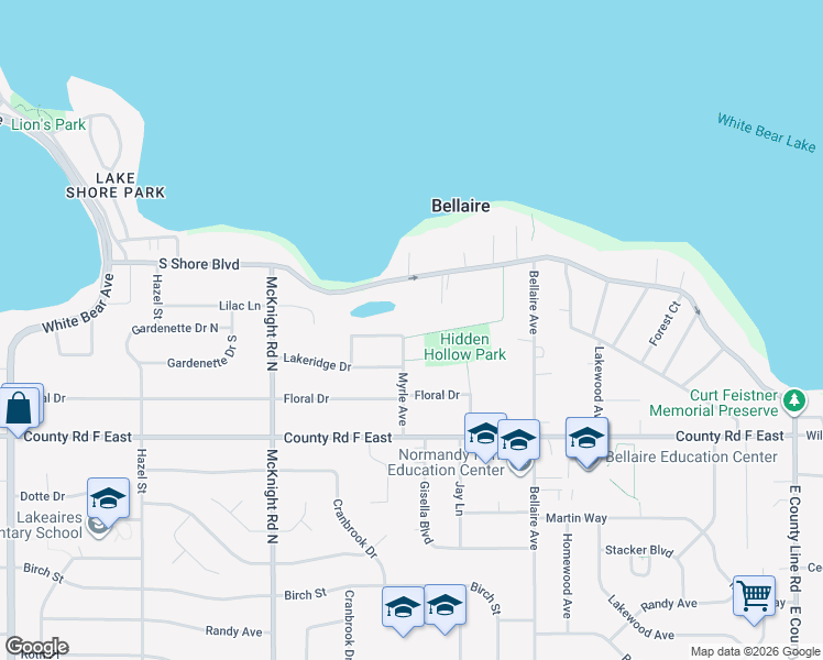 map of restaurants, bars, coffee shops, grocery stores, and more near 2383 Joy Avenue in White Bear Lake