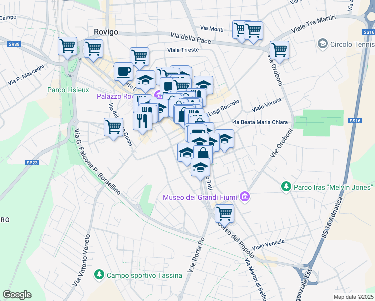 map of restaurants, bars, coffee shops, grocery stores, and more near 254 Corso del Popolo in Rovigo