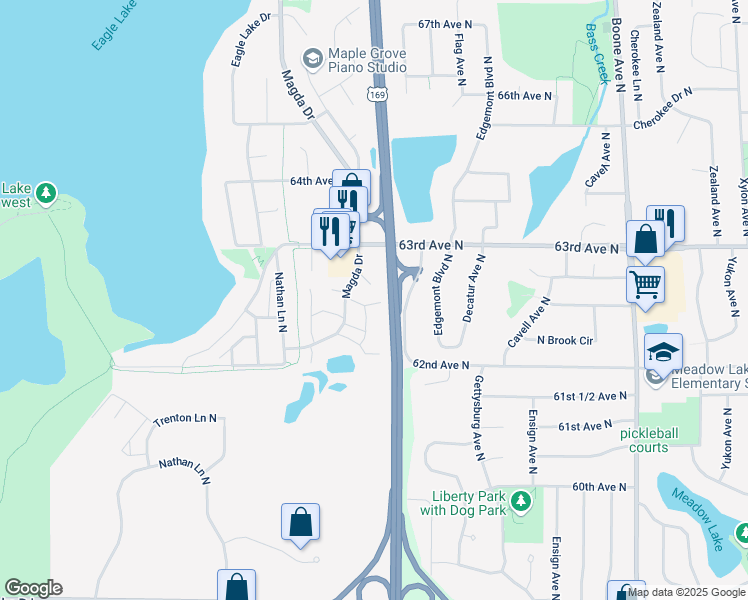 map of restaurants, bars, coffee shops, grocery stores, and more near 6264 Magda Drive in Maple Grove