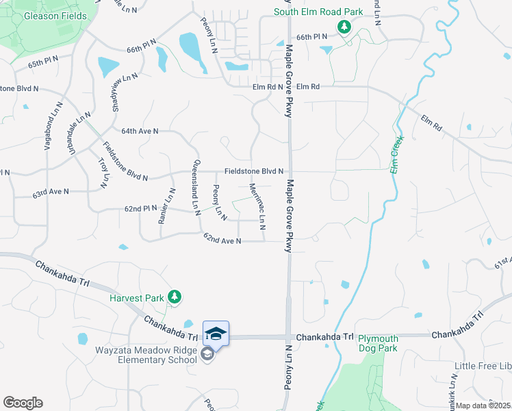 map of restaurants, bars, coffee shops, grocery stores, and more near 6265 Merrimac Lane North in Maple Grove