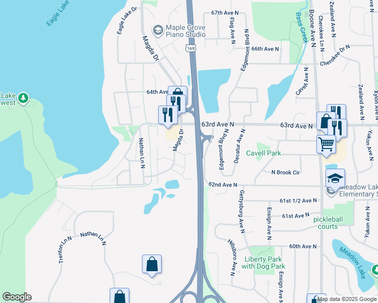 map of restaurants, bars, coffee shops, grocery stores, and more near 6264 Magda Drive in Maple Grove
