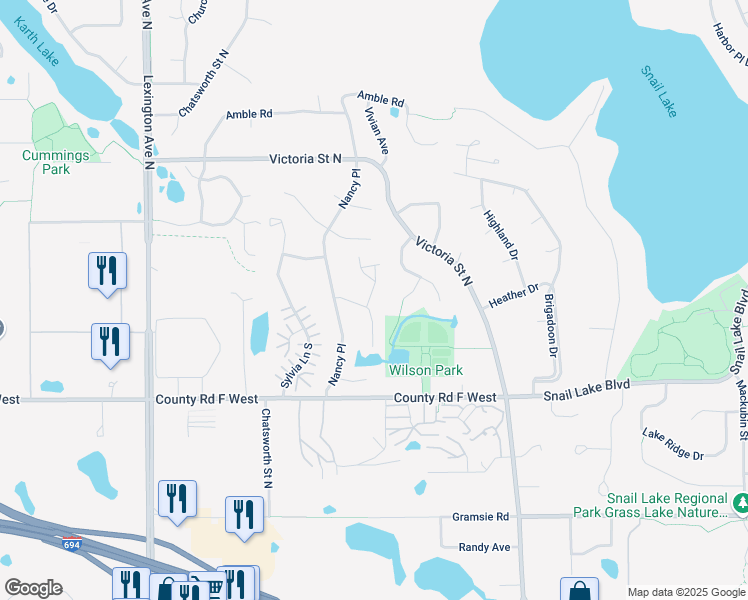 map of restaurants, bars, coffee shops, grocery stores, and more near 888 Shirlee Lane in Shoreview