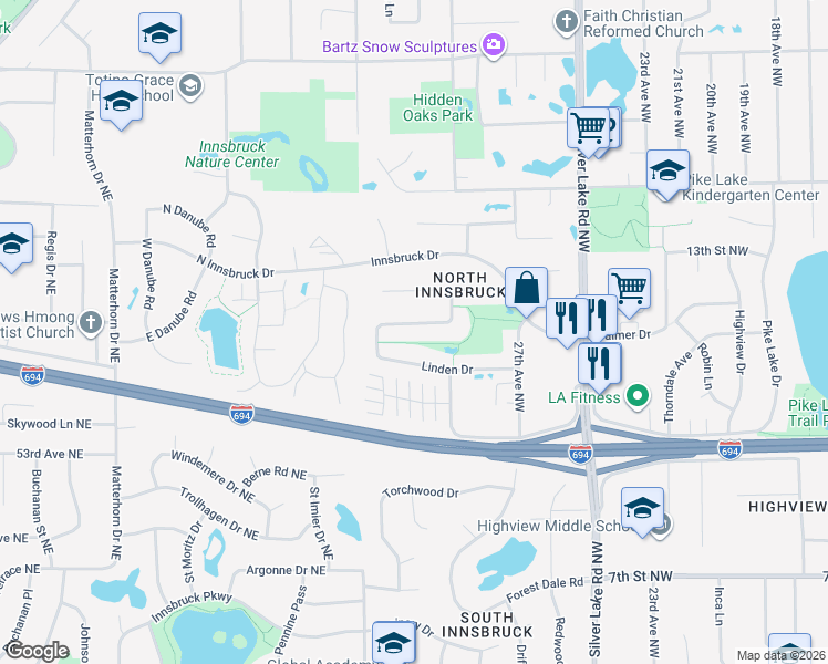 map of restaurants, bars, coffee shops, grocery stores, and more near 3061 Bent Tree Hills Drive in New Brighton