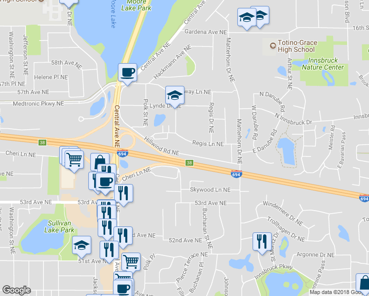 map of restaurants, bars, coffee shops, grocery stores, and more near 1301 Hillwind Road Northeast in Fridley