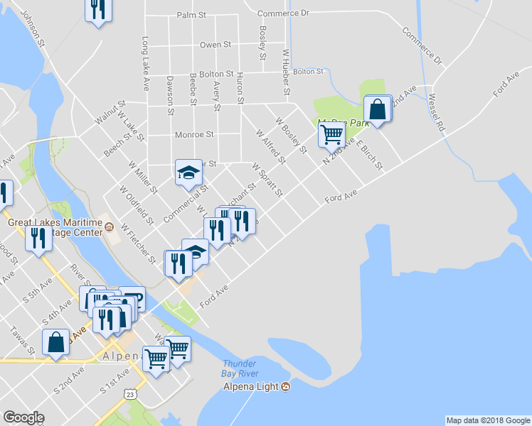 map of restaurants, bars, coffee shops, grocery stores, and more near 101 East Hamilton Street in Alpena