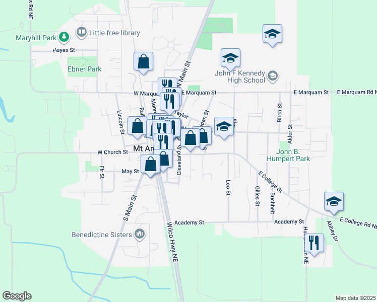 map of restaurants, bars, coffee shops, grocery stores, and more near 110 Sheridan Street in Mount Angel