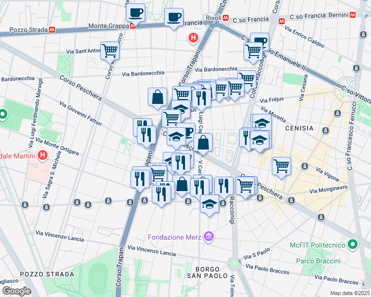 map of restaurants, bars, coffee shops, grocery stores, and more near 12 Via Fabbriche in Turin