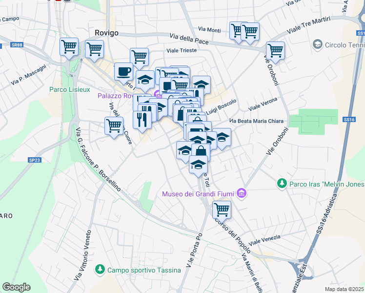 map of restaurants, bars, coffee shops, grocery stores, and more near 254 Corso del Popolo in Rovigo