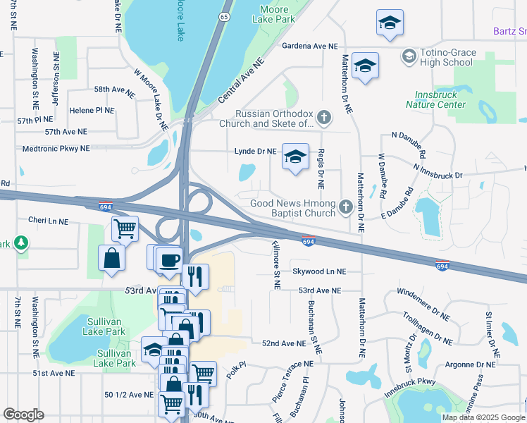map of restaurants, bars, coffee shops, grocery stores, and more near 1253 Hillwind Road Northeast in Fridley