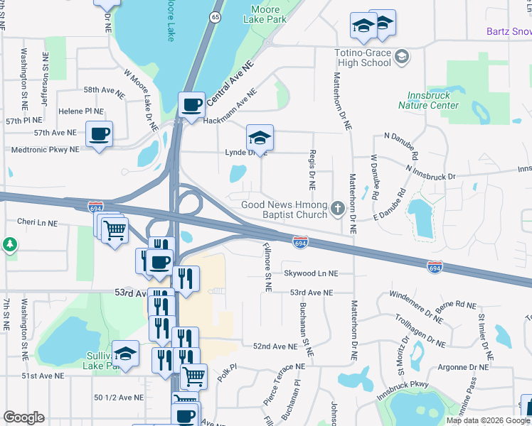 map of restaurants, bars, coffee shops, grocery stores, and more near 1301 Hillwind Road Northeast in Fridley