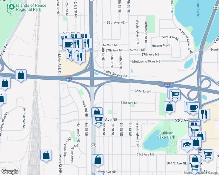 map of restaurants, bars, coffee shops, grocery stores, and more near 5436 5th Street Northeast in Fridley