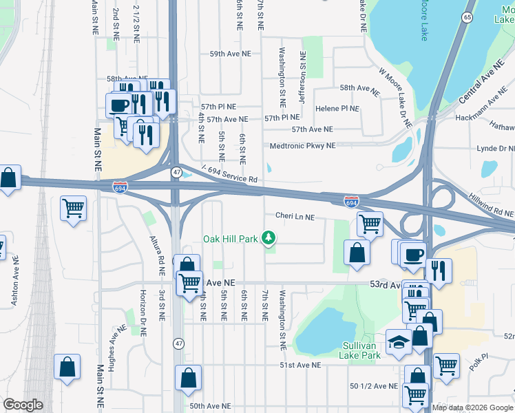 map of restaurants, bars, coffee shops, grocery stores, and more near 5460 7th Street Northeast in Fridley