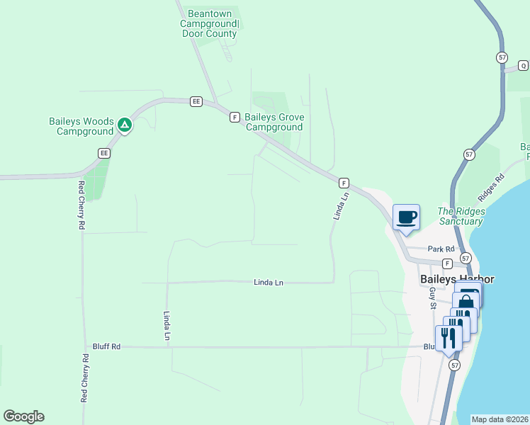 map of restaurants, bars, coffee shops, grocery stores, and more near 2547 Juniper Ridge Road in Baileys Harbor