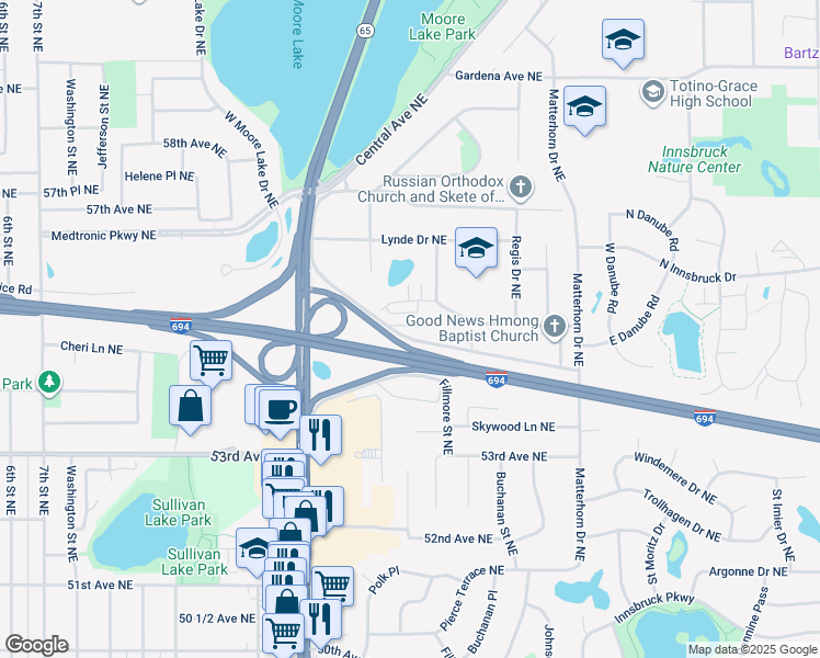 map of restaurants, bars, coffee shops, grocery stores, and more near 1253 Hillwind Road Northeast in Fridley