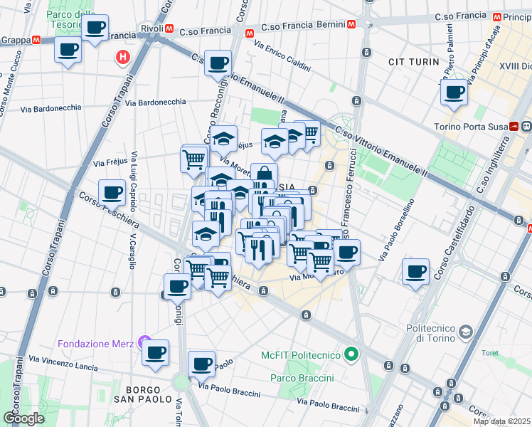 map of restaurants, bars, coffee shops, grocery stores, and more near 41-51 Via Cesana in Torino