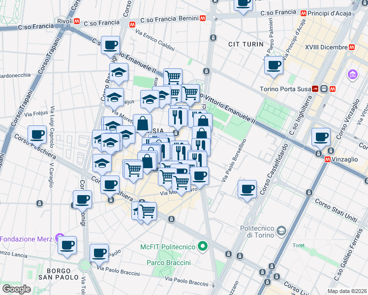 map of restaurants, bars, coffee shops, grocery stores, and more near 1-3 Via Germanasca in Torino