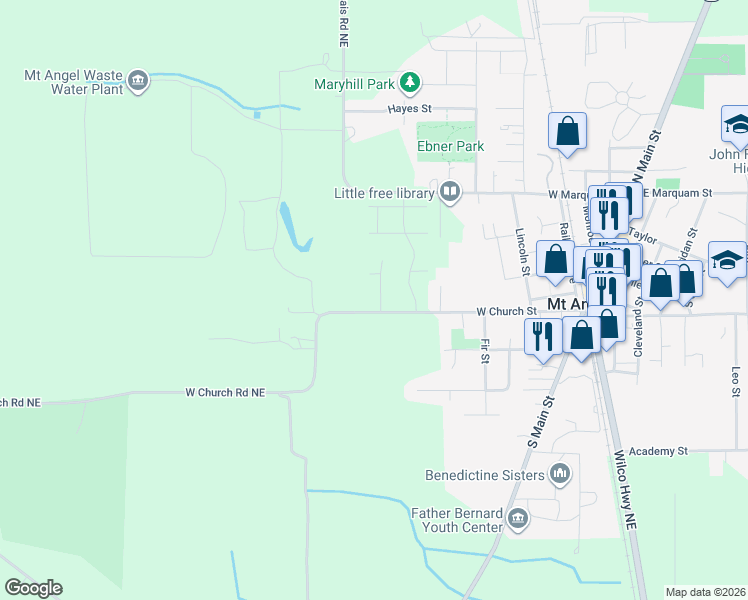 map of restaurants, bars, coffee shops, grocery stores, and more near 12324 West Church Road Northeast in Mount Angel