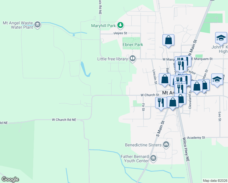 map of restaurants, bars, coffee shops, grocery stores, and more near 12354 West Church Road Northeast in Mount Angel