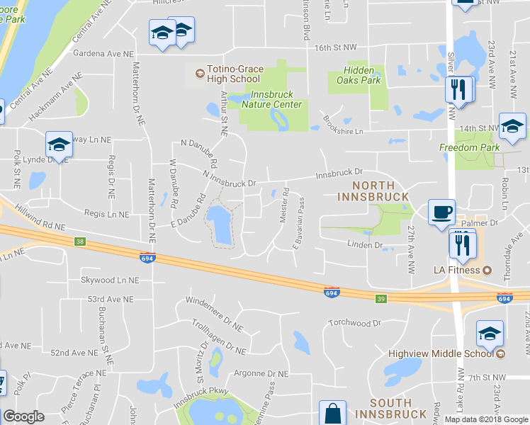map of restaurants, bars, coffee shops, grocery stores, and more near 5527 East Oberlin Circle in Fridley