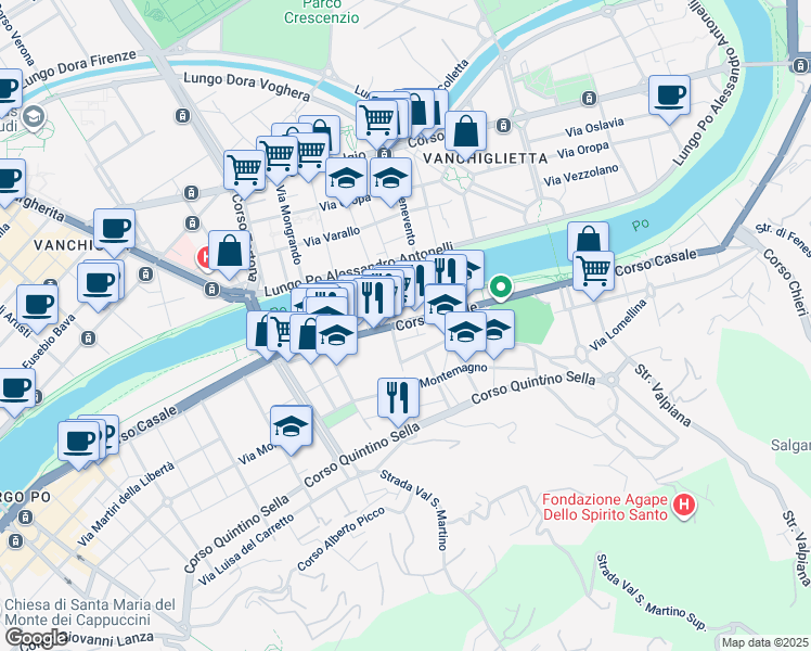 map of restaurants, bars, coffee shops, grocery stores, and more near 5 Via Cocconato in Torino