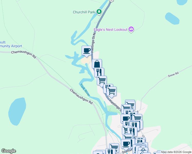 map of restaurants, bars, coffee shops, grocery stores, and more near 220 Hastings Street North in Bancroft
