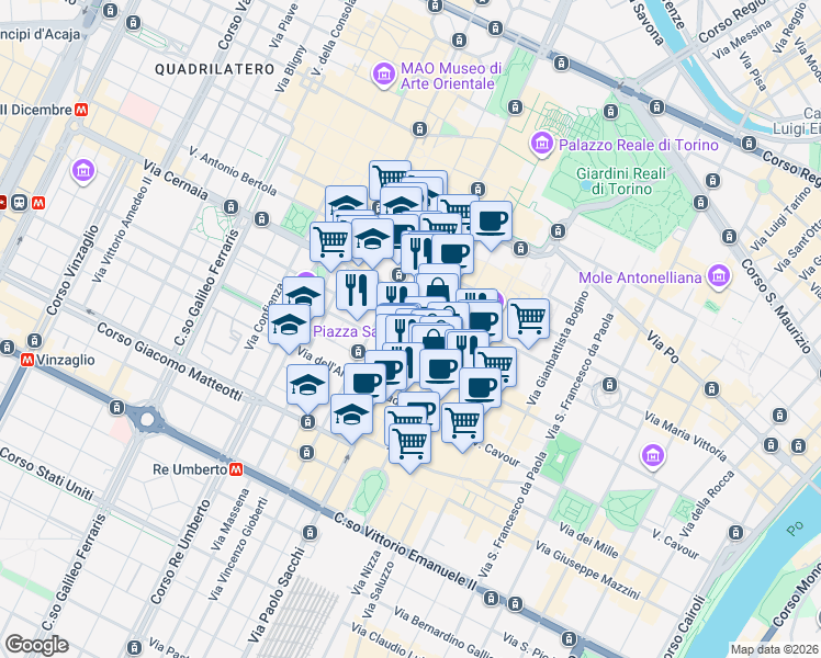 map of restaurants, bars, coffee shops, grocery stores, and more near 3C Via Vittorio Alfieri in Torino