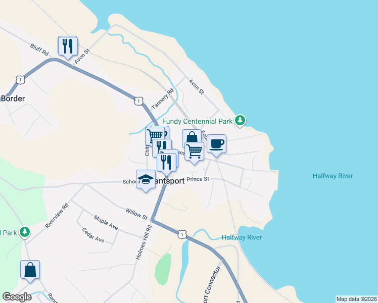 map of restaurants, bars, coffee shops, grocery stores, and more near 21 William Street in Hantsport
