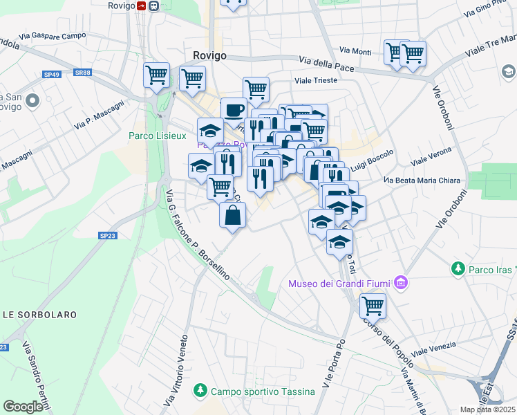 map of restaurants, bars, coffee shops, grocery stores, and more near 1 Via Giovanni Pascoli in Rovigo
