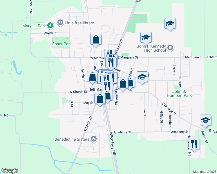map of restaurants, bars, coffee shops, grocery stores, and more near 115 East Church Street in Mount Angel