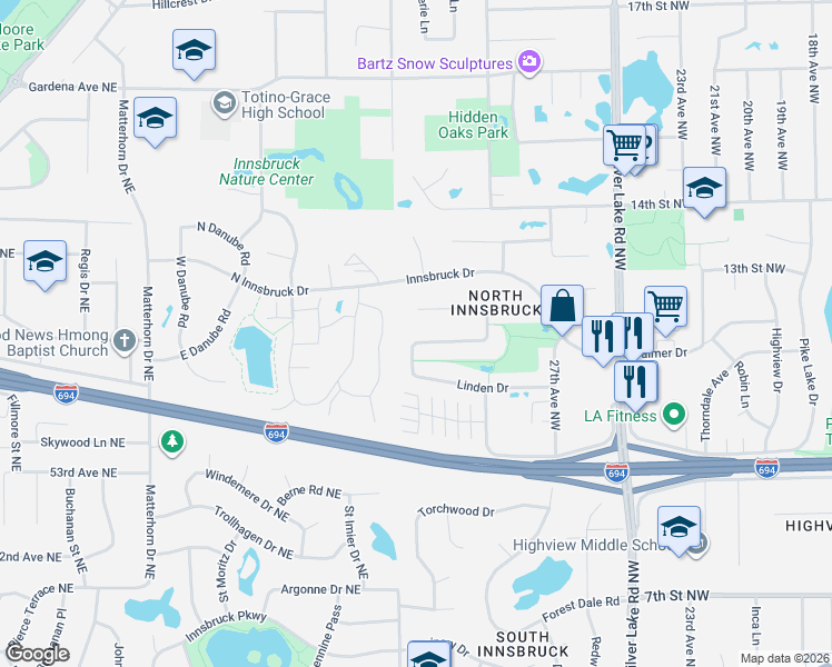 map of restaurants, bars, coffee shops, grocery stores, and more near 3181 Bent Tree Hills Drive in New Brighton