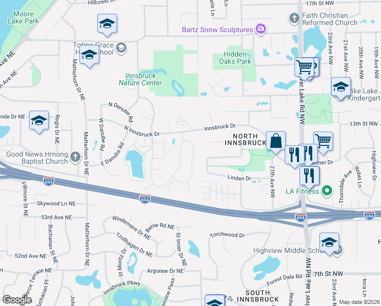 map of restaurants, bars, coffee shops, grocery stores, and more near 5512 East Bavarian Pass in Fridley