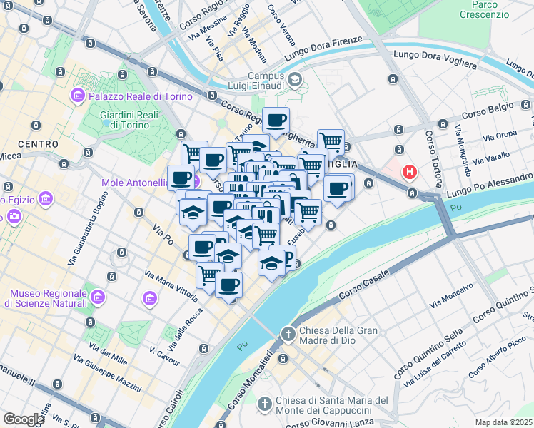map of restaurants, bars, coffee shops, grocery stores, and more near 11 Via Vanchiglia in Torino