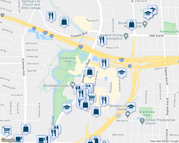 map of restaurants, bars, coffee shops, grocery stores, and more near 6300 Shingle Creek Parkway in Brooklyn Center