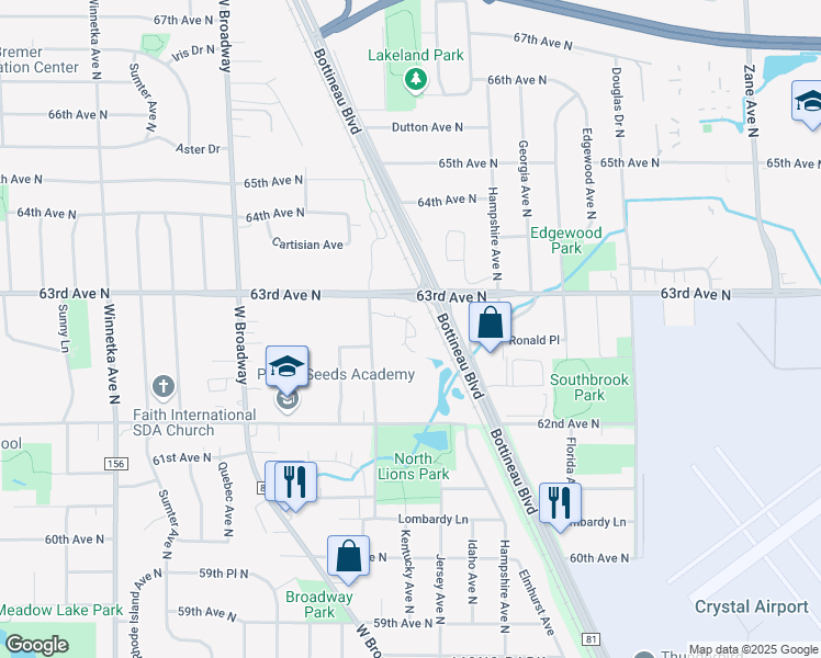 map of restaurants, bars, coffee shops, grocery stores, and more near 6292 Louisiana Avenue North in Brooklyn Park