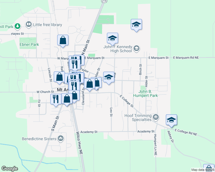 map of restaurants, bars, coffee shops, grocery stores, and more near 590 East College Street in Mount Angel