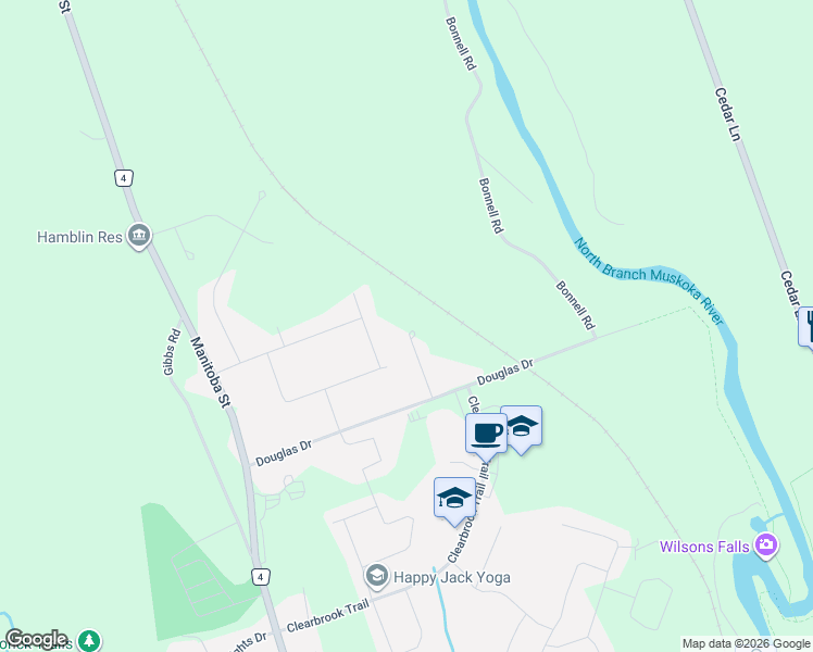 map of restaurants, bars, coffee shops, grocery stores, and more near 68 Little Ryans Way in Bracebridge